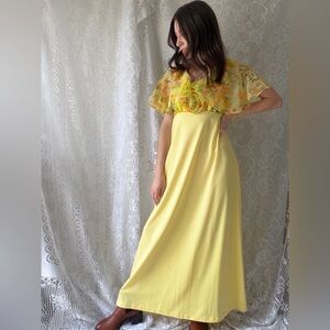 Vintage Yellow Floral Chiffon Maxi Dress 70s Prairie Garden Party